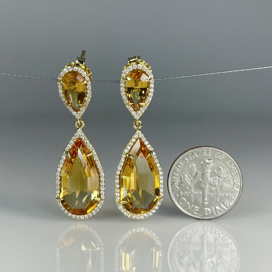 18K Yellow Gold Citrine and Diamond Dangle Earrings 12.02/0.56ct