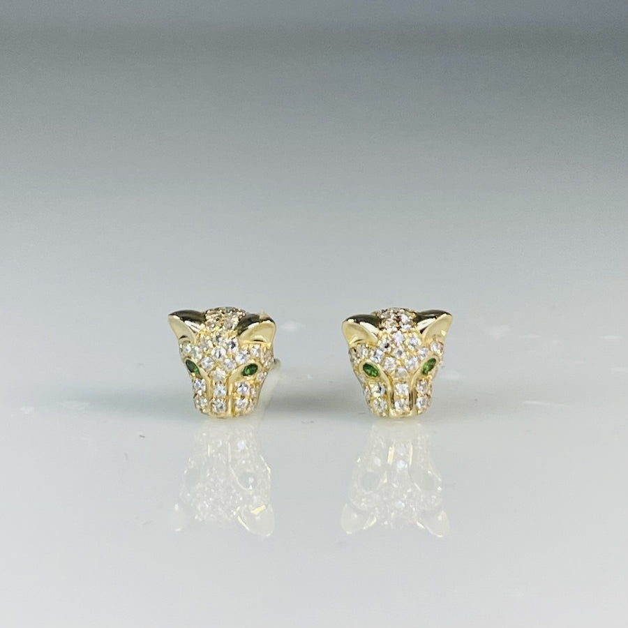 14K Yellow Gold Tsavorite and Diamond Panther Stud Earrings 0.02/0.20ct