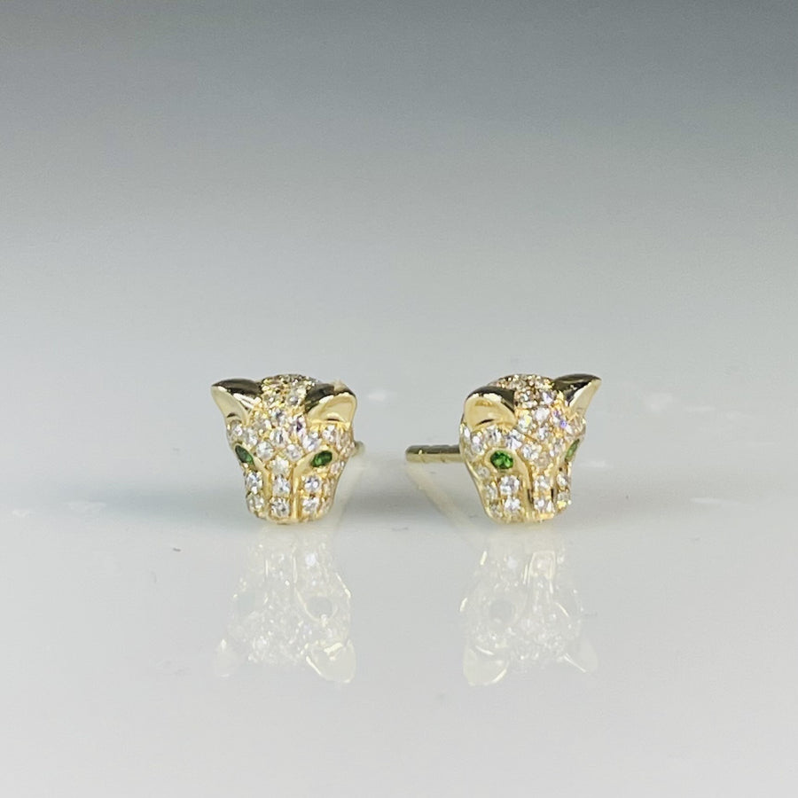 14K Yellow Gold Tsavorite and Diamond Panther Stud Earrings 0.02/0.20ct
