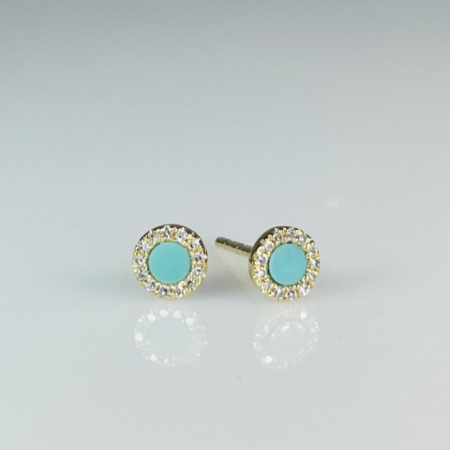 14K Yellow Gold Turquoise and Diamond Stud Earrings 0.12/0.07ct