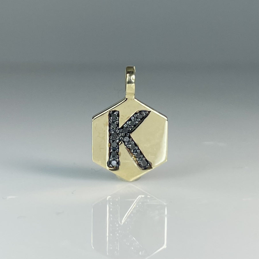 14K Yellow Gold Black Diamond Honeycomb Love Initial 0.15ct