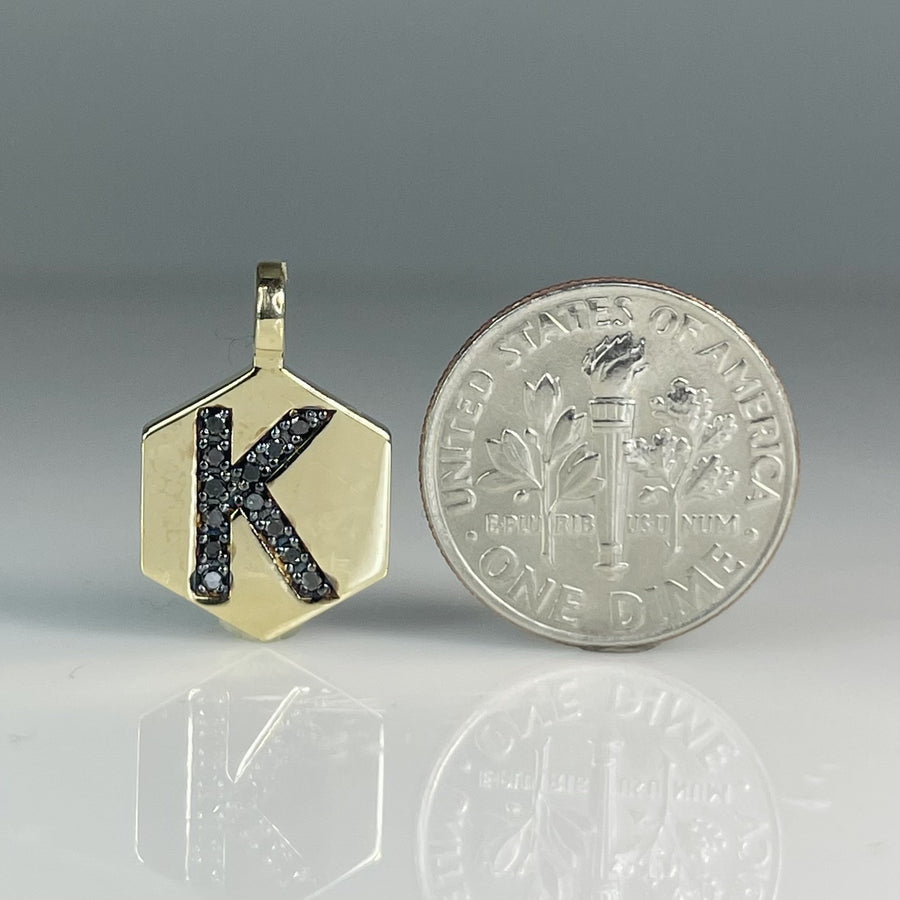 14K Yellow Gold Black Diamond Honeycomb Love Initial 0.15ct