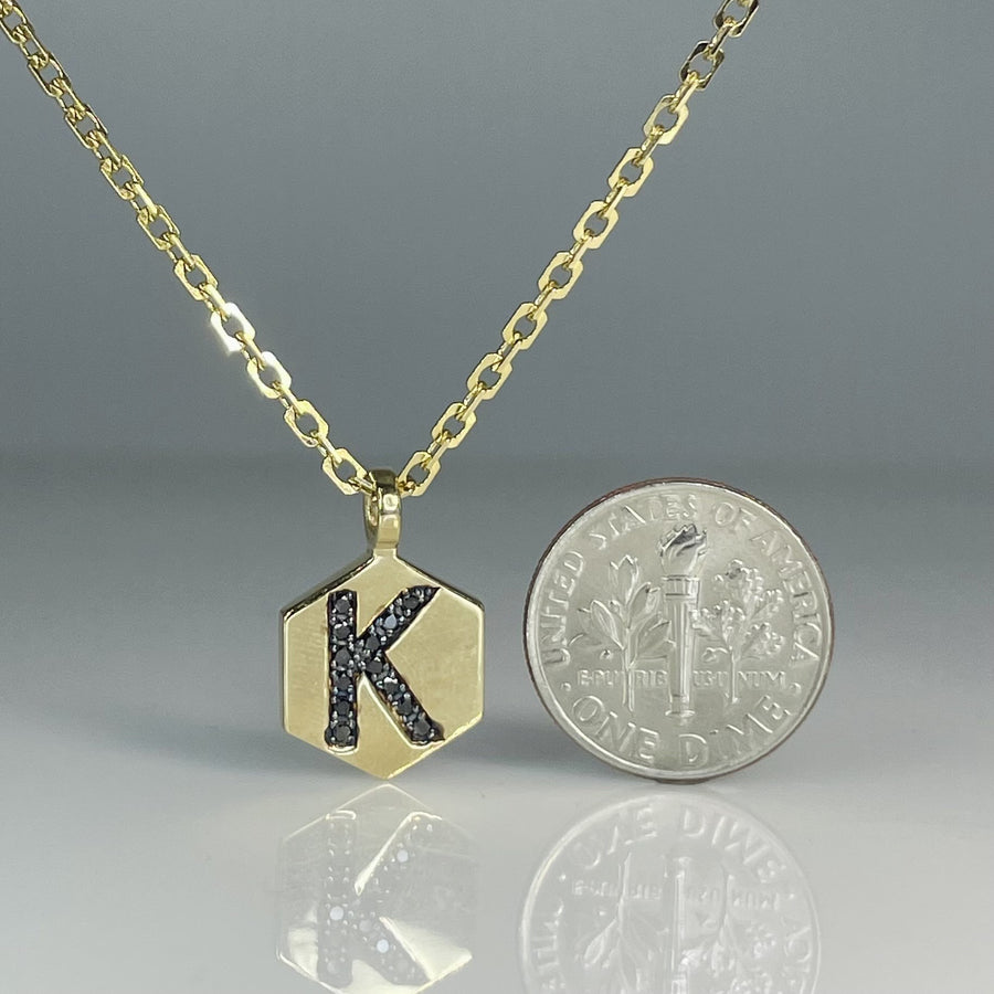 14K Yellow Gold Black Diamond Honeycomb Love Initial Necklace