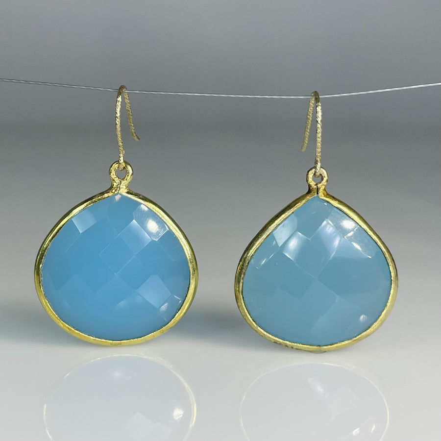 Bezel Set Blue Chalcedony Drop Earrings 25x29mm