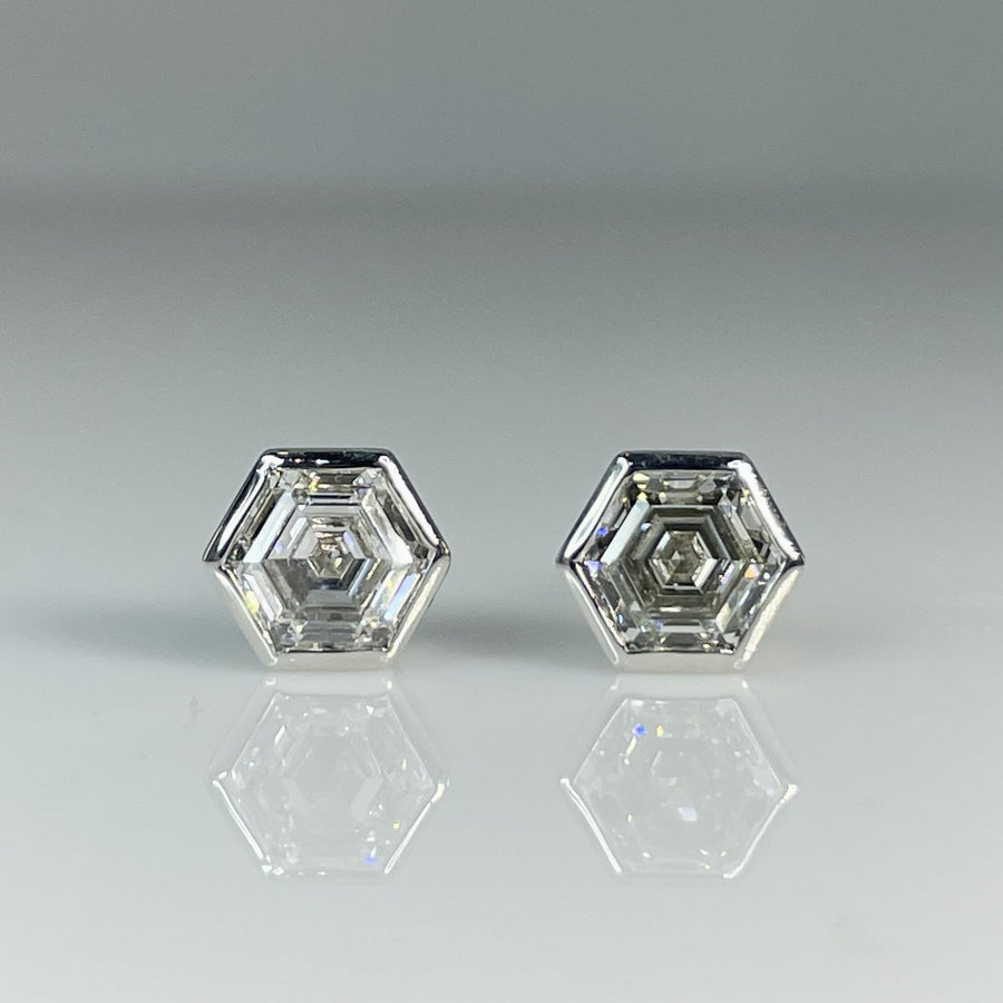 14K White Gold Lab Grown Hexagon Cut Diamond Studs 1.00/1.00ct D/E-VS1/VS2