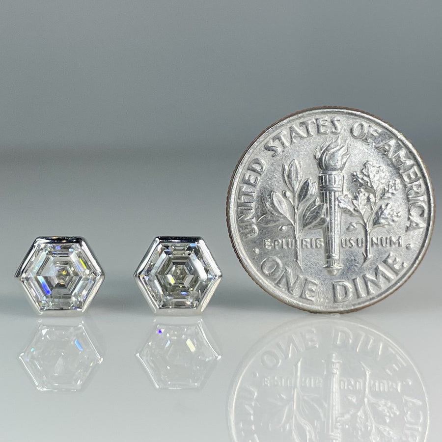 14K White Gold Lab Grown Hexagon Cut Diamond Studs 1.00/1.00ct D/E-VS1/VS2