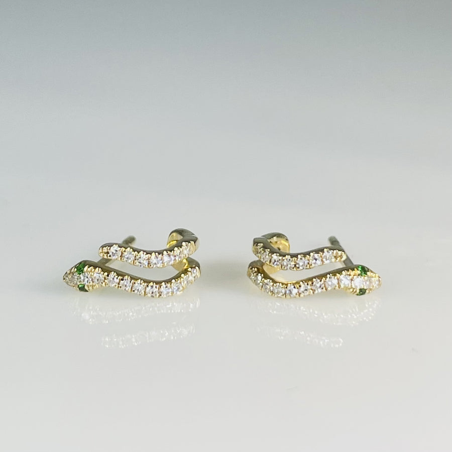 14K Yellow Gold Tsavorite and Diamond Snake Huggies 0.12/0.01ct