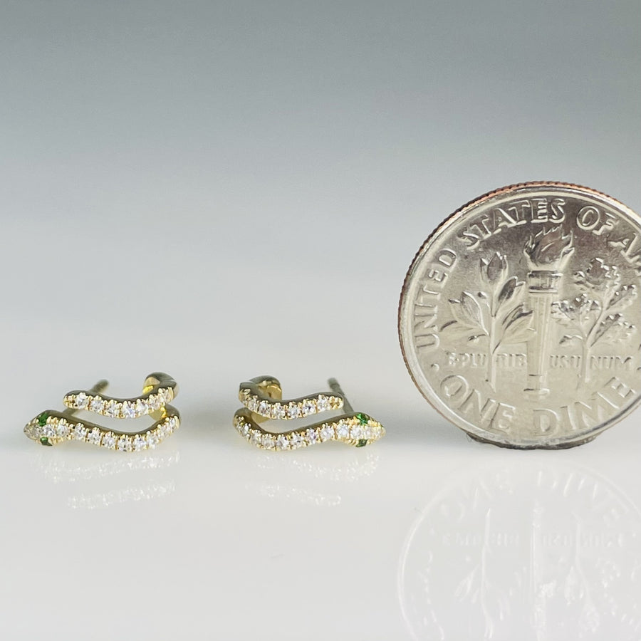 14K Yellow Gold Tsavorite and Diamond Snake Huggies 0.12/0.01ct