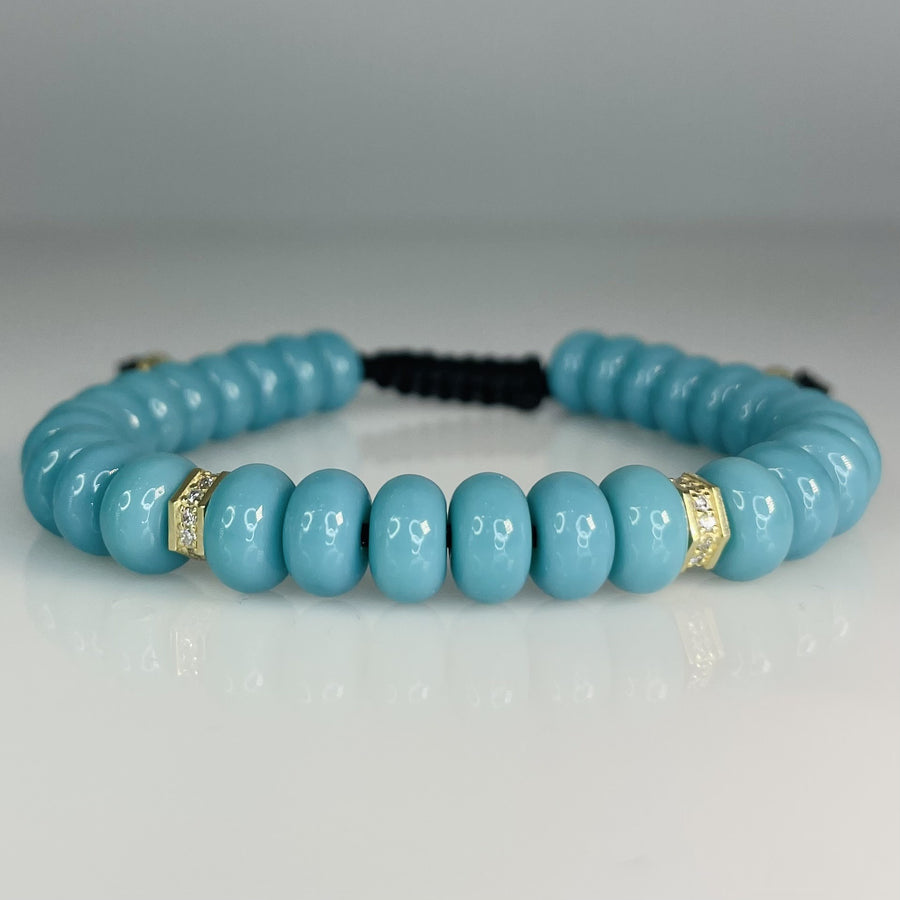14K Yellow Gold Diamond and Blue Glass Beaded Bracelet