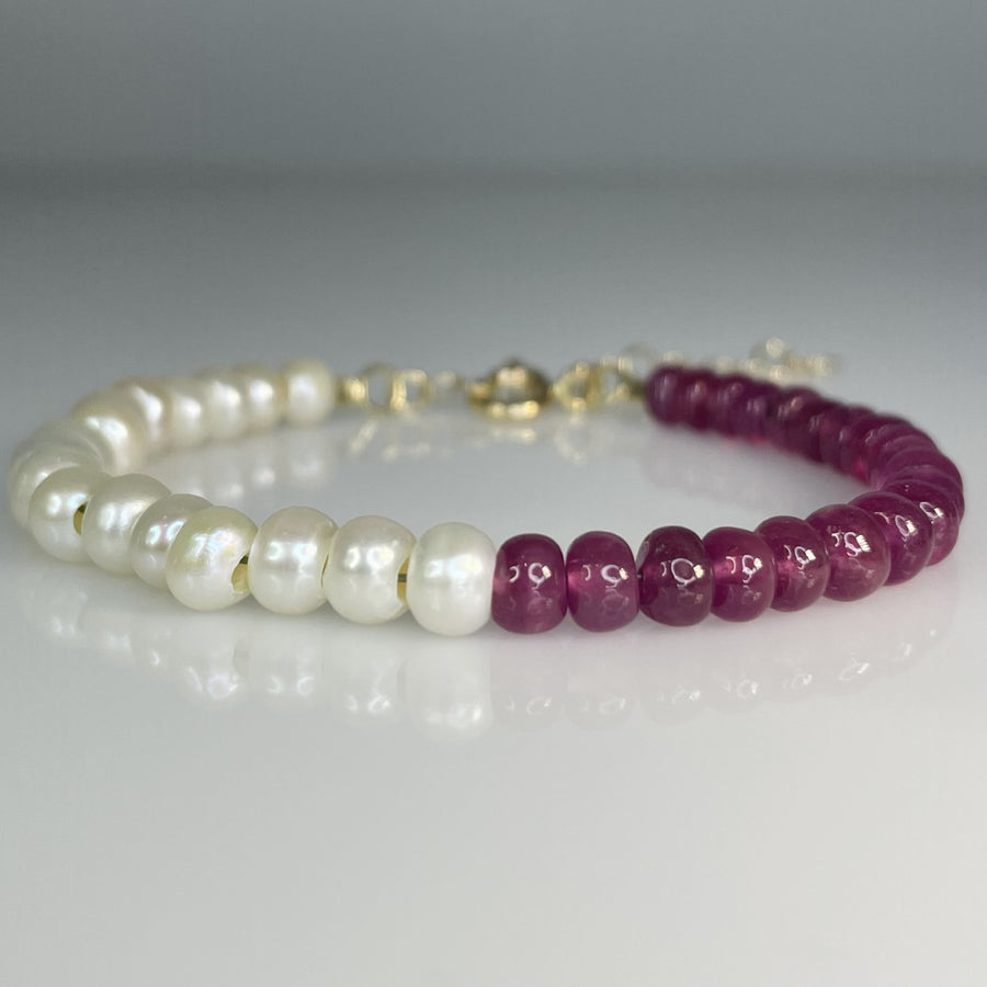 14K Yellow Gold Pearl and Pink Sapphire Beaded Bracelet 5.5mm