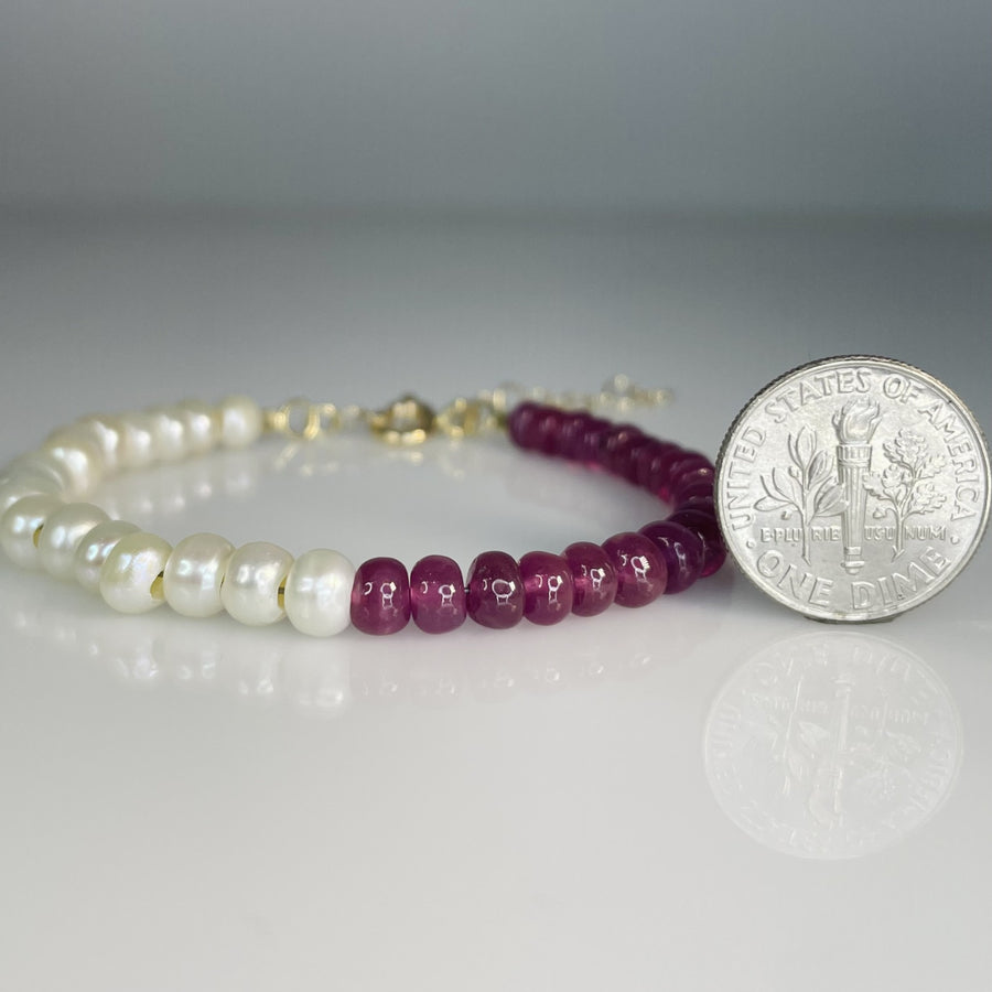 14K Yellow Gold Pearl and Pink Sapphire Beaded Bracelet 5.5mm
