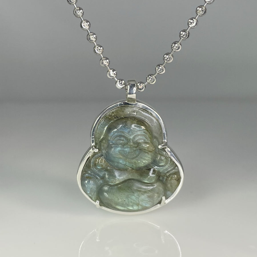 Sterling Silver Labradorite Buddha Bezel Necklace 35mm