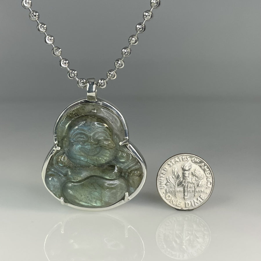 Sterling Silver Labradorite Buddha Bezel Necklace 35mm