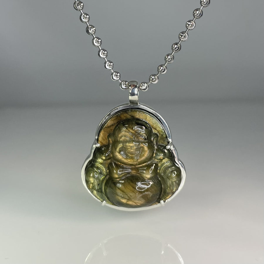 Sterling Silver Labradorite Buddha Bezel Necklace 34mm
