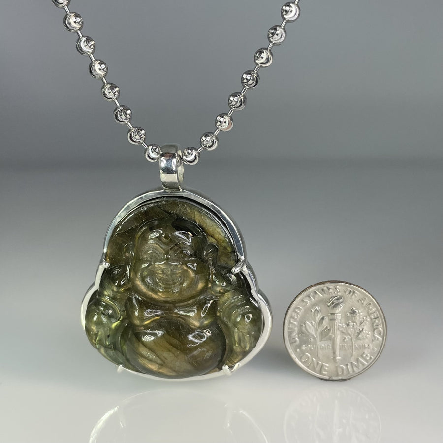 Sterling Silver Labradorite Buddha Bezel Necklace 34mm