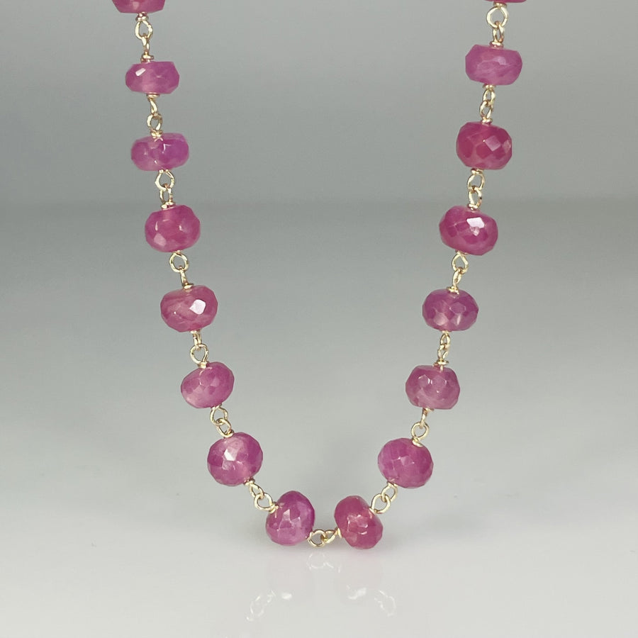 14K Yellow Gold Pink Sapphire Beaded Necklace 6mm