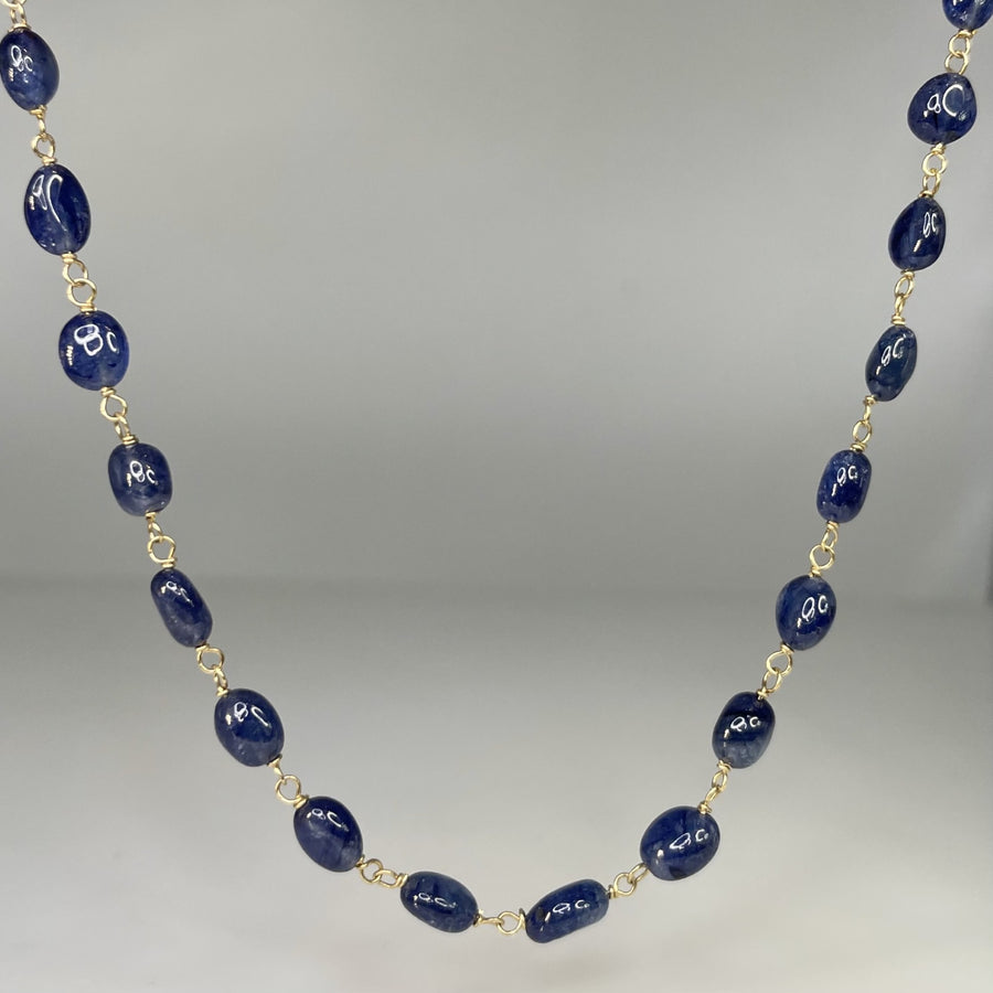 14K Yellow Gold Blue Sapphire Long Beaded Necklace 5mm