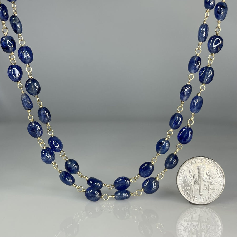 14K Yellow Gold Blue Sapphire Long Beaded Necklace 5mm