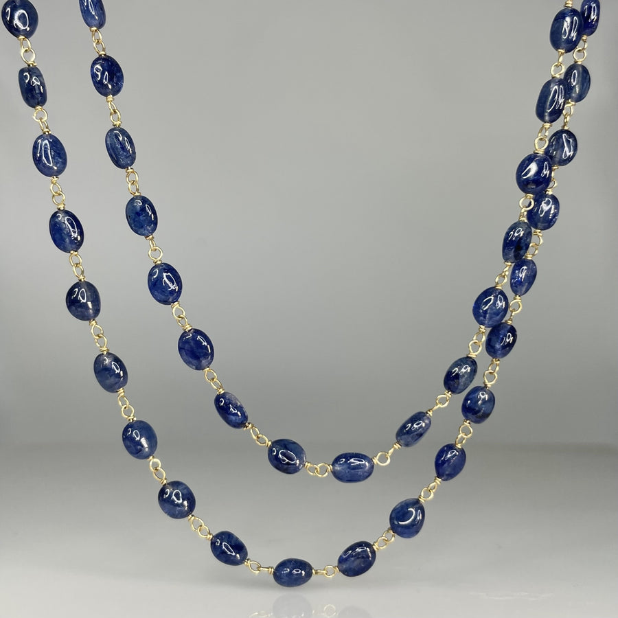 14K Yellow Gold Blue Sapphire Long Beaded Necklace 5mm