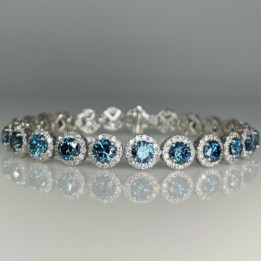 14K White Gold Lab Grown Blue and White Diamond Tennis Bracelet 12.85/13.25ct
