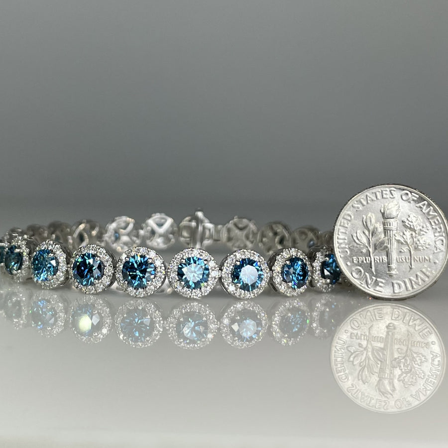 14K White Gold Lab Grown Blue and White Diamond Tennis Bracelet 12.85/13.25ct