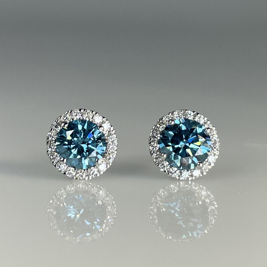 14K White Gold Lab Grown Blue and White Diamond Stud Earrings 1.50/0.25ct