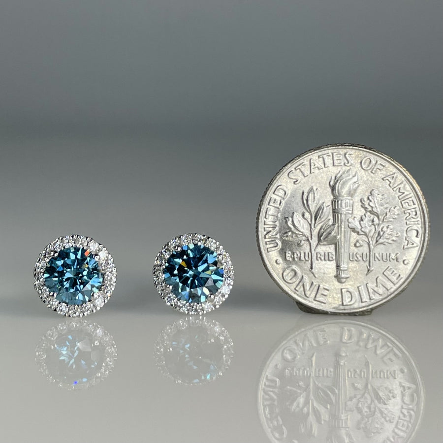 14K White Gold Lab Grown Blue and White Diamond Stud Earrings 1.50/0.25ct