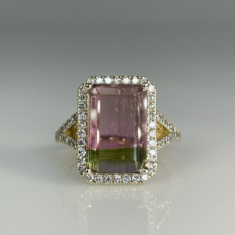 14K Yellow Gold Watermelon Tourmaline Diamond Ring