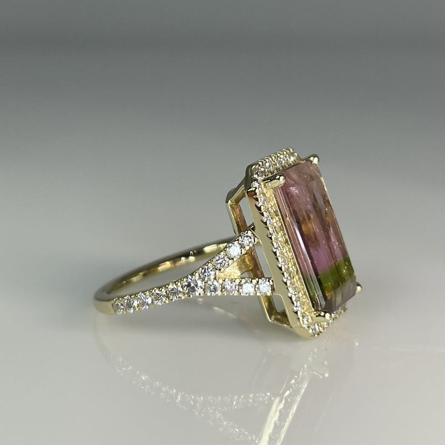 14K Yellow Gold Watermelon Tourmaline Diamond Ring 4.44/0.73ct
