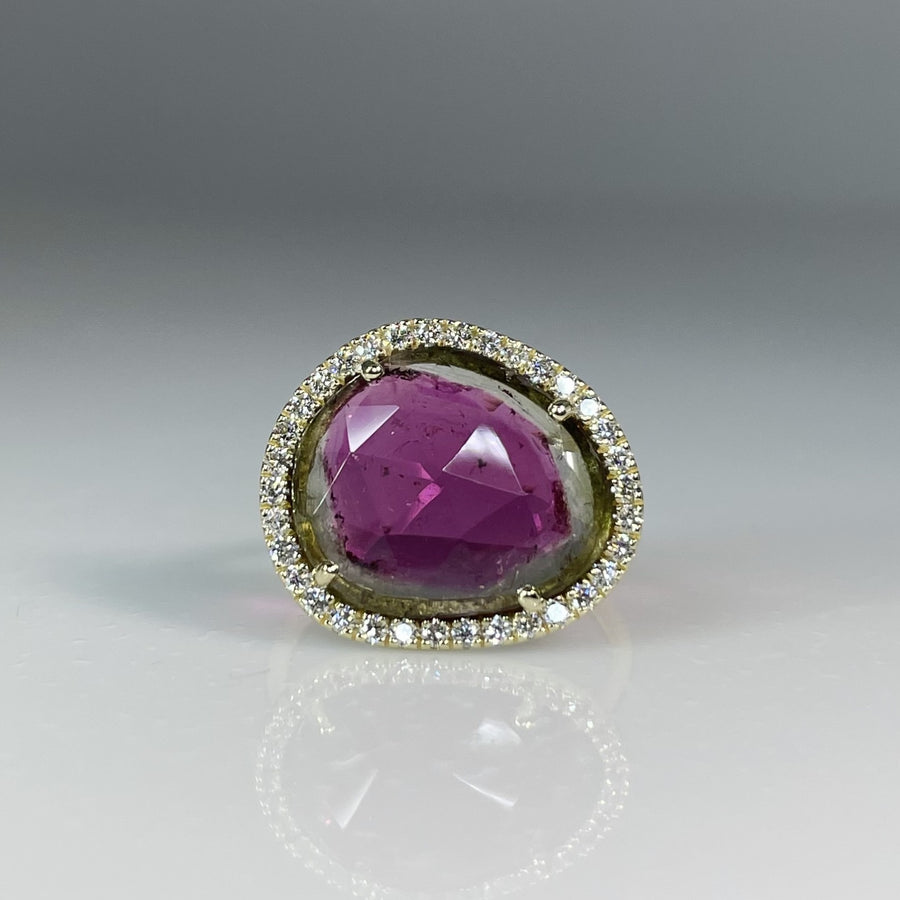 14K Yellow Gold Watermelon Tourmaline and Diamond Ring 4.58/0.34ct