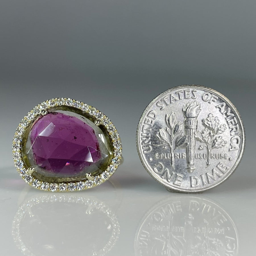 14K Yellow Gold Watermelon Tourmaline and Diamond Ring 4.58/0.34ct