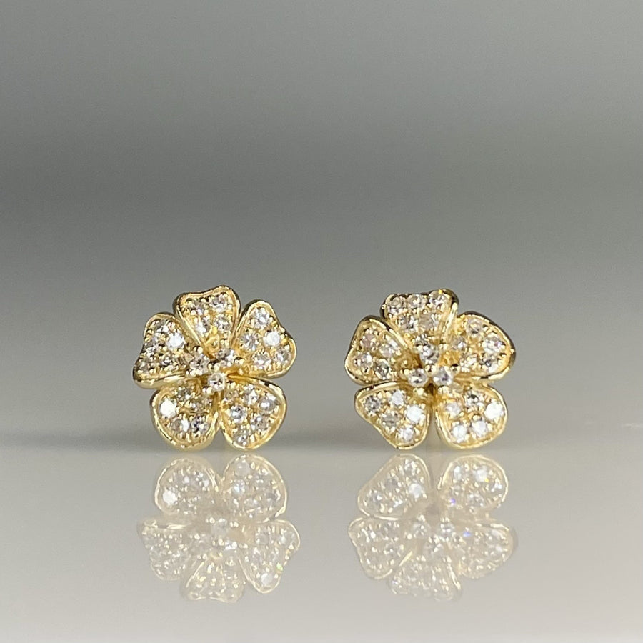 14K Yellow Gold Diamond Hibiscus Earrings 0.19ct