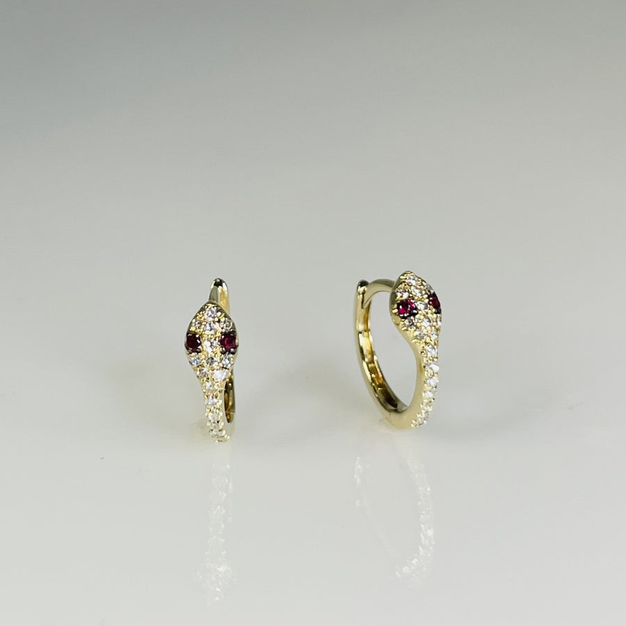 14K Yellow Gold Ruby and Diamond Snake Huggie Earrings 0.11/0.03ct
