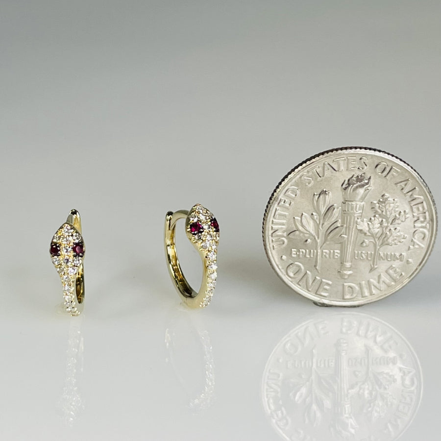 14K Yellow Gold Ruby and Diamond Snake Huggie Earrings 0.11/0.03ct