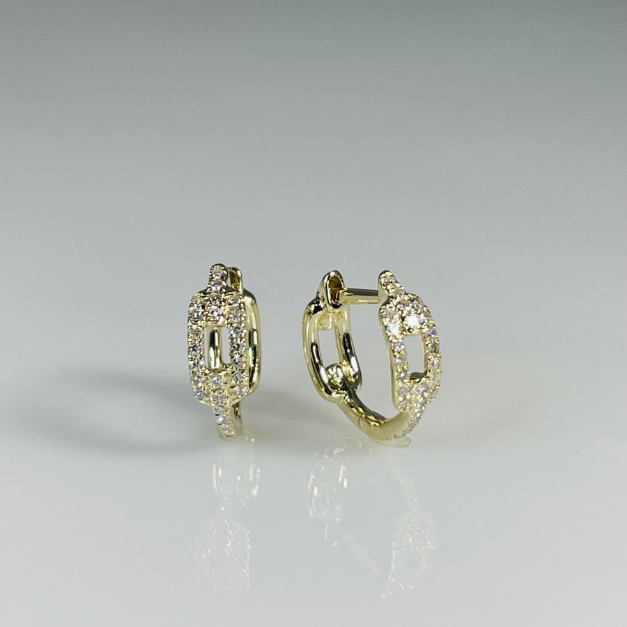 14K Yellow Gold Mini Chain Link Natural Diamond Huggies 0.12ct