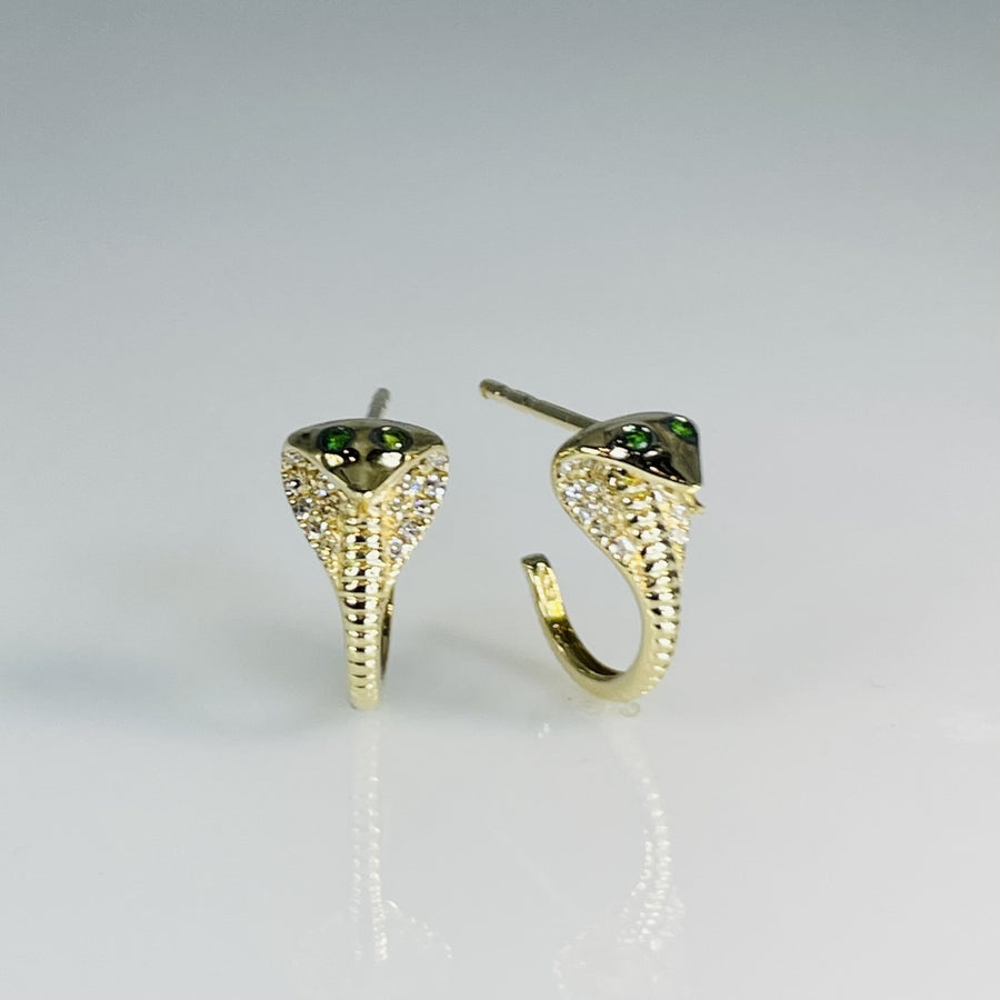 14K Yellow Gold Tsavorite and Diamond Cobra Huggies 0.09ct/0.04ct