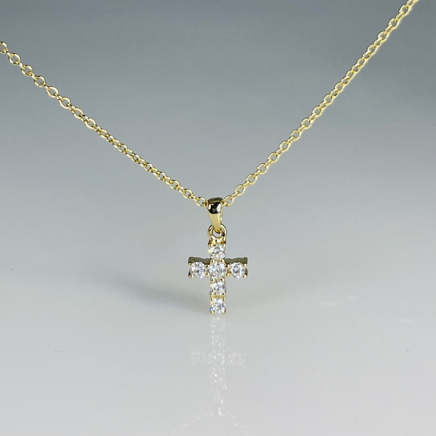 14K Yellow Gold Natural Diamond Mini Cross Necklace 0.12ct