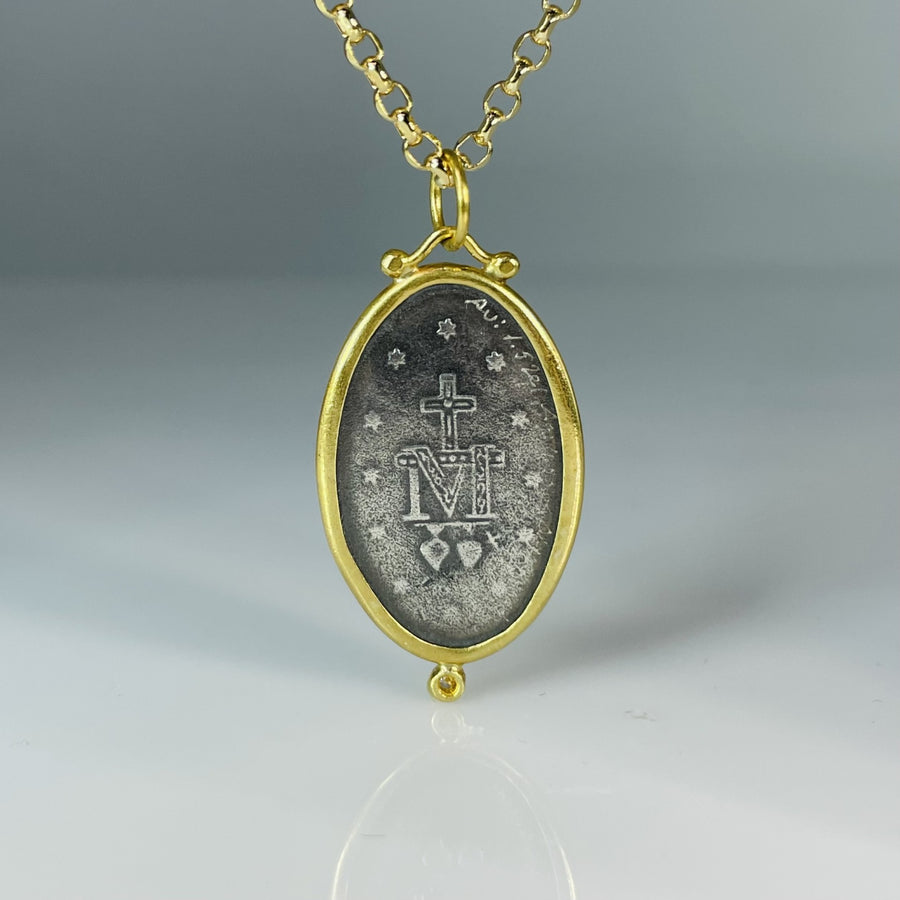 24K Yellow Gold and Sterling Silver Natural Diamond Virgin Mary Necklace 0.02ct