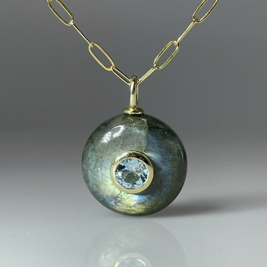 Large Labradorite and Aquamarine Pendant Necklace 17mm