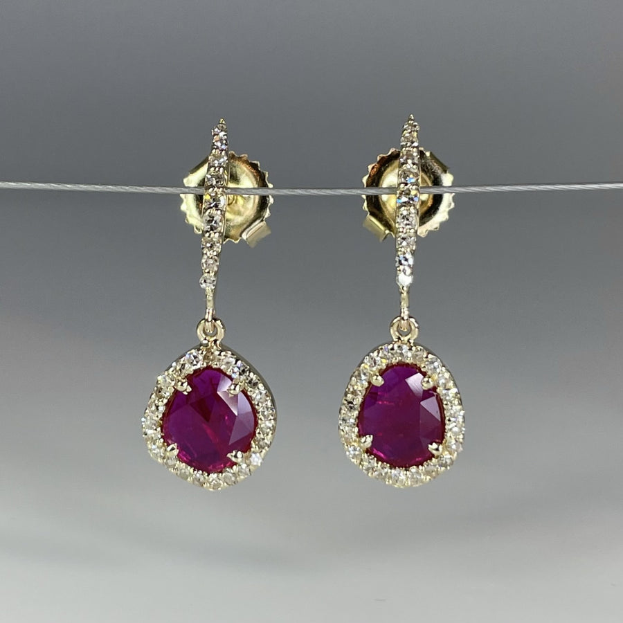 14K Yellow Gold Ruby and Diamond Drop Earrings 1.5ct/.25ct
