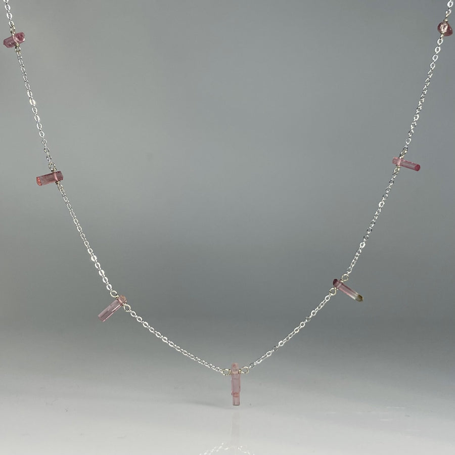 14K White Gold Pink Tourmaline Crystal Multidrop Necklace