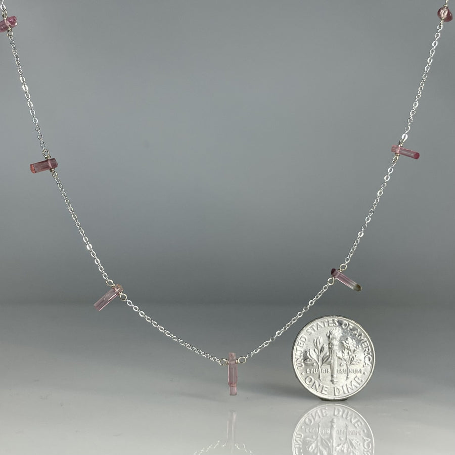 14K White Gold Pink Tourmaline Crystal Multidrop Necklace