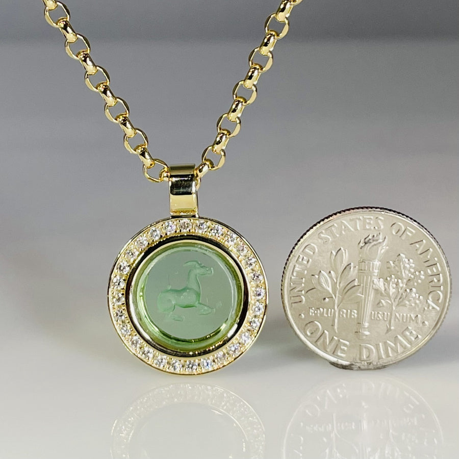 14K Yellow Gold Intaglio Glass Capricorn Pendant Necklace 0.27ct