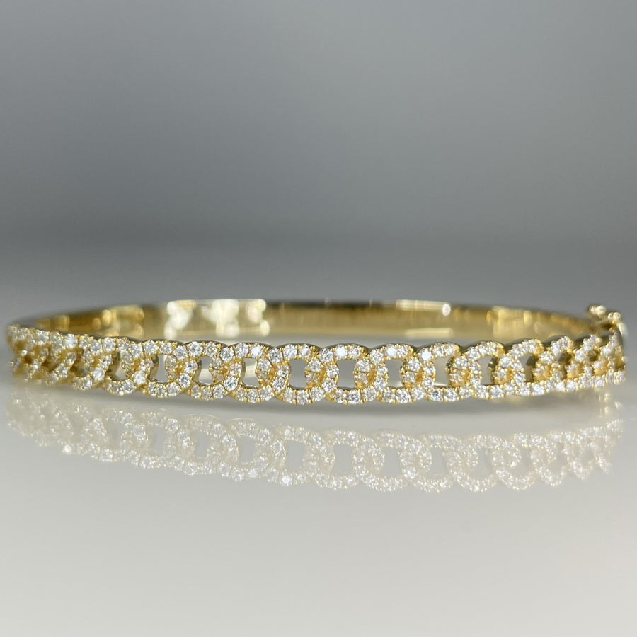 14K Yellow Gold Pave White Diamond Cuban Chain Bangle 1.07ct