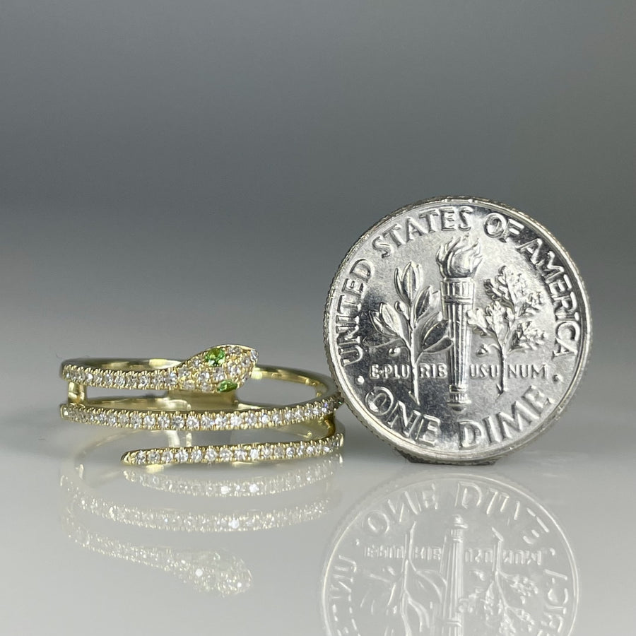14K Yellow Gold Tsavorite and Diamond Snake Ring 0.03ct/0.16ct