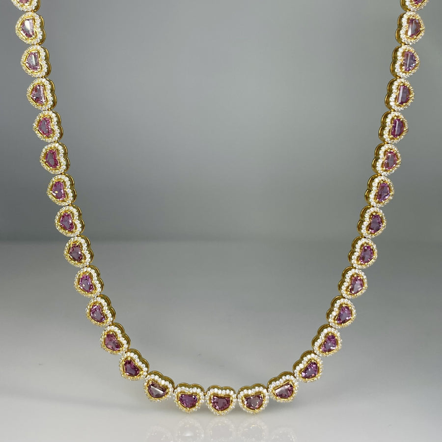 18K Yellow Gold Multicolor Sapphire Heart Tennis Necklace 12.62ct