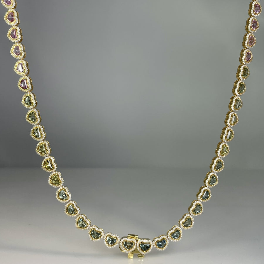 18K Yellow Gold Multicolor Sapphire Heart Tennis Necklace 12.62ct