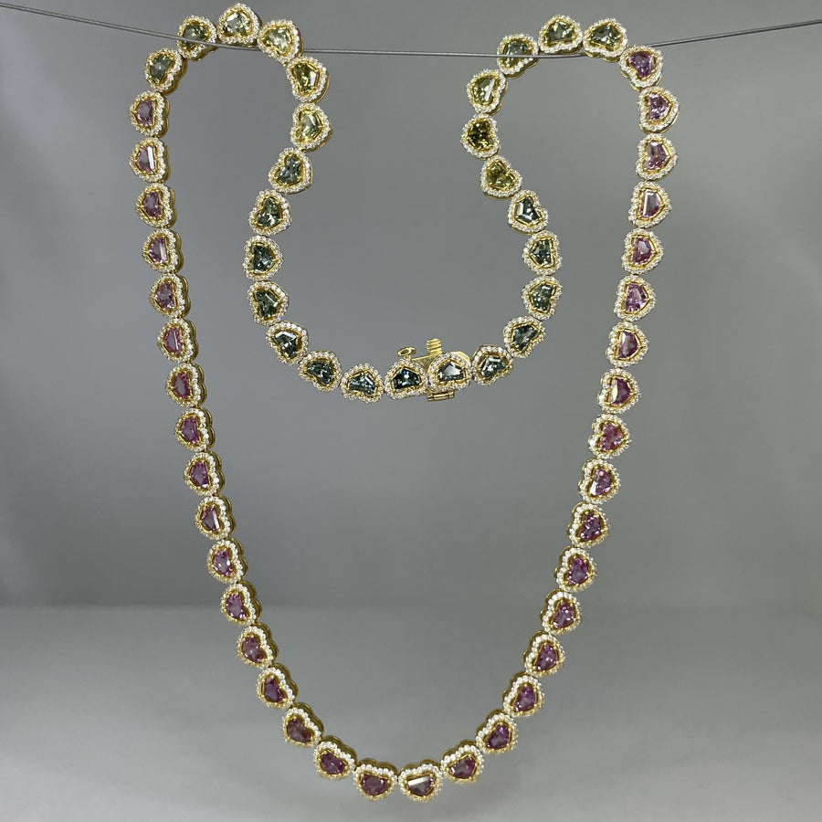 18K Yellow Gold Multicolor Sapphire Heart Tennis Necklace 12.62ct