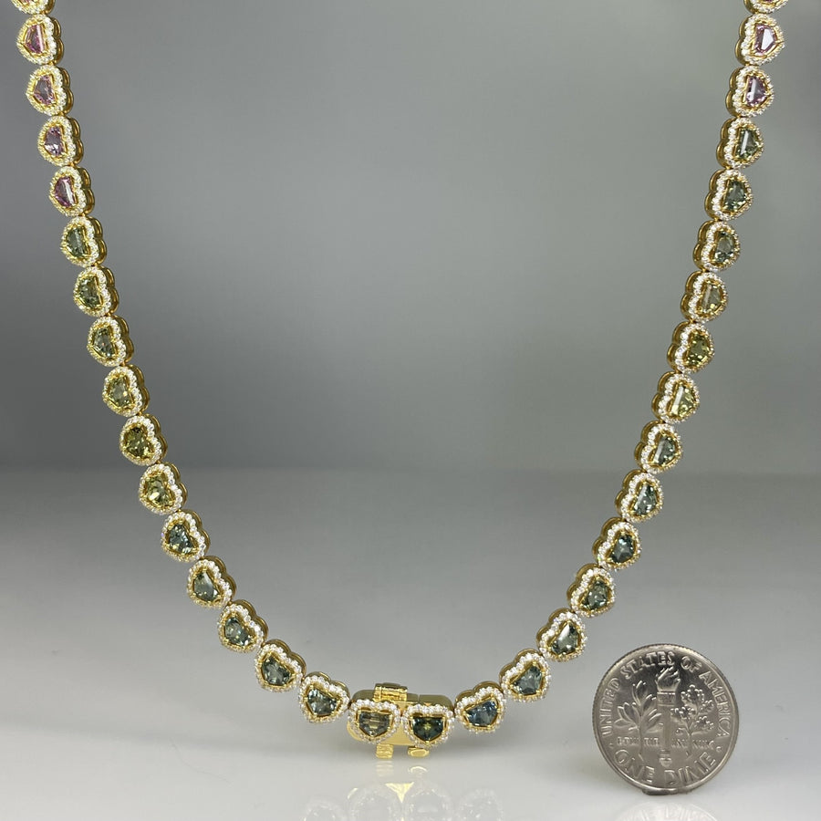 18K Yellow Gold Multicolor Sapphire Heart Tennis Necklace 12.62ct