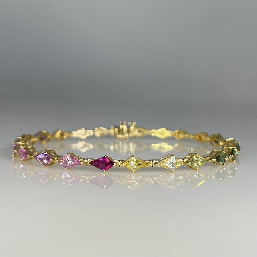 18K Yellow Gold Kite Shape Colored Sapphire Tennis Bracelet 3.90ct